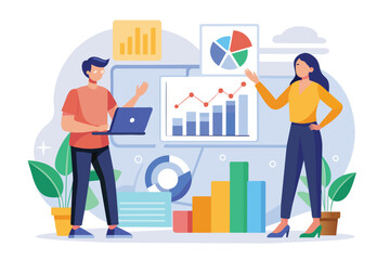 A man and a woman stand in front of a chart, presenting business growth statistics, Two people are presenting with business growth analyst data, Simple and minimalist flat Vector Illustration