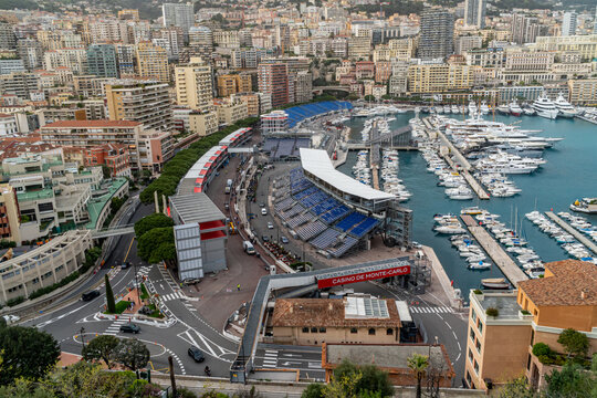 Marina area, La Rascasse curve, the swimming pool, tabac and finish straight area of the Monaco circuit in full assembly seen from above.