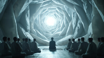 Illustration of a group seated in meditation, inside an origami-style tunnel with a bright light at...