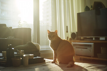 Domestic cat at cozy contemporary apartment living room interior vintage style.