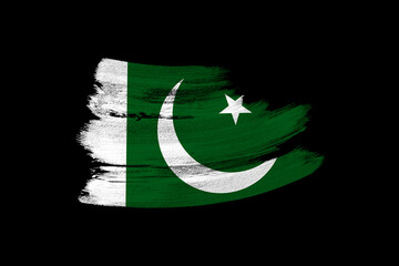 creative national grunge pakistan flag, brushstroke on black isolated background, concept of politics, global business, international cooperation, basis for designer, rights and freedoms of citizens
