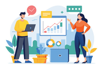 Man and Woman Presenting Data Analysts Trending SImp, Two people presenting data analysts trending, Simple and minimalist flat Vector Illustration
