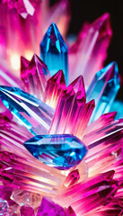 Cluster of transparent colorful crystals, close-up bright abstract blue and pink background