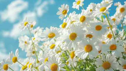 Daisy flowers in a flowery meadow against a bright blue sky.
