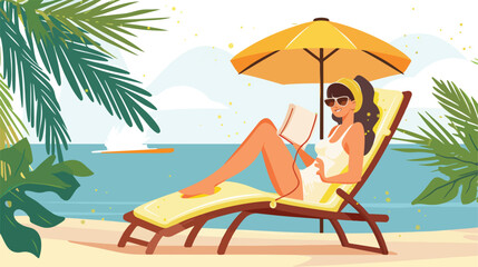 Beach scene. Happy girl sitting on the sunbed with tablet in white bikini