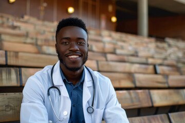 Happy black medical student in lab coat and stethoscope attends lecture in a hall