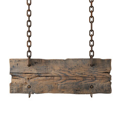 A wooden sign dangles from a chain in splendid isolation against a transparent background