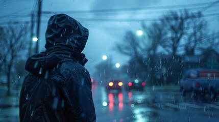 Person in hooded raincoat standing on wet street under rain at dusk, city lights blurred in background.