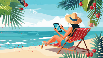 Beach scene. Happy girl sitting on the sunbed with tablet