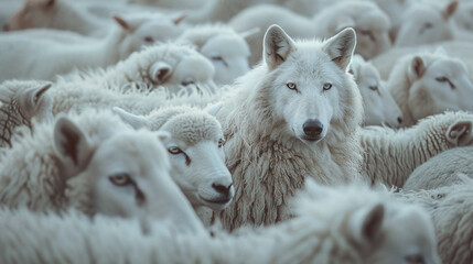 A pack of white wolves in the middle, surrounded by sheep that look like them. High resolution,...