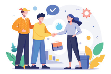 A group of individuals shaking hands over a communal trash can in a public setting, Two people shaking hands with data analyst, Simple and minimalist flat Vector Illustration