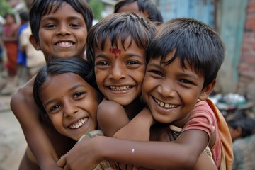 Portrait of a group of Indian children smiling and looking at the camera.