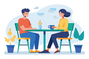 Fototapeta na wymiar Two individuals sitting at a table, engaging in conversation and enjoying coffee, two people sitting at a table talking, Simple and minimalist flat Vector Illustration