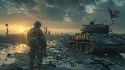 A soldier stands near a tank at a makeshift bridge during sunset amidst a desolate battlefield.
