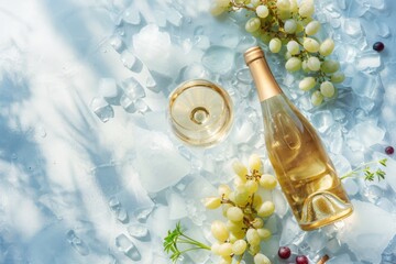 A bottle of wine and a glass of wine chilling on ice under a cloudy sky - obrazy, fototapety, plakaty