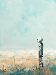 Solitary Android Contemplates the Vastness of an Empty Field Under a Light Blue Sky