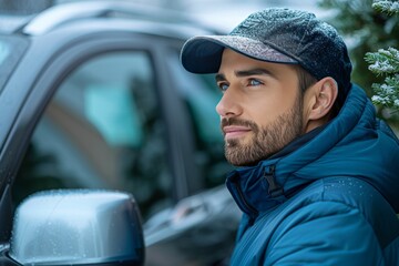 Man in Blue Jacket Leaning on Car