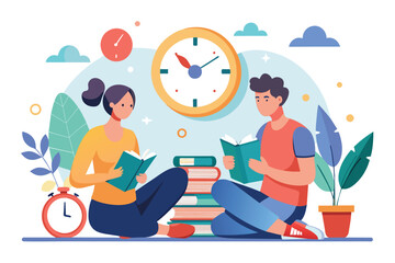 A pair of individuals seated on the ground, engrossed in reading books, Two people sitting on the floor with a clock and stacks of books, Simple and minimalist flat Vector Illustration