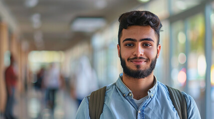 Obraz premium A handsome young middle eastern man with short hair and beard wearing a blue shirt, backpack standing in the hallway of his university campus smiling at the camera.