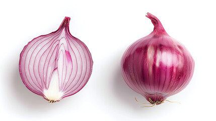 Two red onions on a white background. Red onion, cut in half and whole on white background, top view.