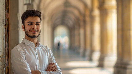 A portrait of a young attractive Middle Eastern muslim man posing for the camera in front of an old university corridor, smiling and looking at the viewer with his arms crossed.