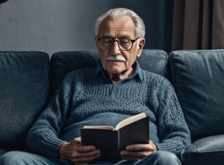 Older man reading a book sitting on the sofa