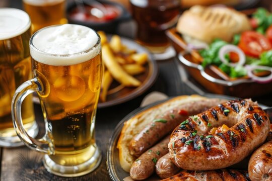 Germany traditional food. Beer and sausages with football fan atributes. Euro 2024