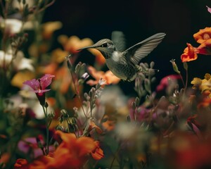 Obraz premium A hummingbird hovers in mid-air with its long, thin beak is extended towards a flower. The hummingbird's wings are spread wide and its tail is fanned out. The background is soft and out of focus.