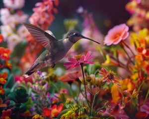 A hummingbird hovers near a flower.