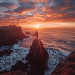 A man standing on a rock in the middle of the ocean, with a beautiful sunset in the background. - obrazy, fototapety, plakaty
