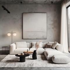 A modern living room with a large white sectional sofa, a black coffee table, and a gray rug. There is a large painting on the wall and two black floor lamps.