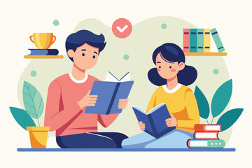 A man and woman are sitting together, engaged in reading a book, two students search for and read information, Simple and minimalist flat Vector Illustration