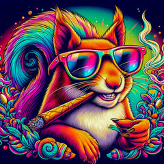 Digital art of a psychedelic cool squirrel smiling smoking a blunt
