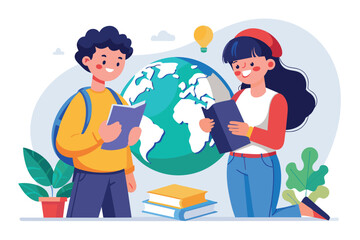 Two students are standing side by side, looking at a globe map, Two students studying globe map, Simple and minimalist flat Vector Illustration