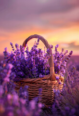 Wicker basket with lavender on a blooming lavender field on a sunset landscape background © Myroslava