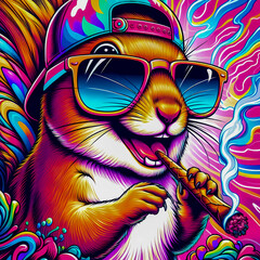 Digital art of a psychedelic cool squirrel smiling smoking a blunt