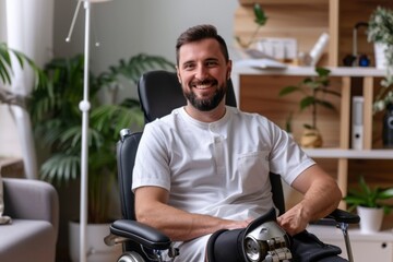 Cheerful physiotherapist with a male patient showcasing a prosthetic leg, conveying positivity and rehabilitation success