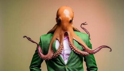 Man in green suit, man in green suit with octopus head, shot in studio. Green background. Iconic model