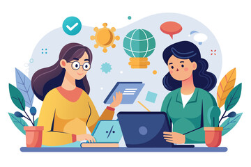 Two women sitting at a table, focused on working together on a laptop computer, two women search the web for science to learn, Simple and minimalist flat Vector Illustration