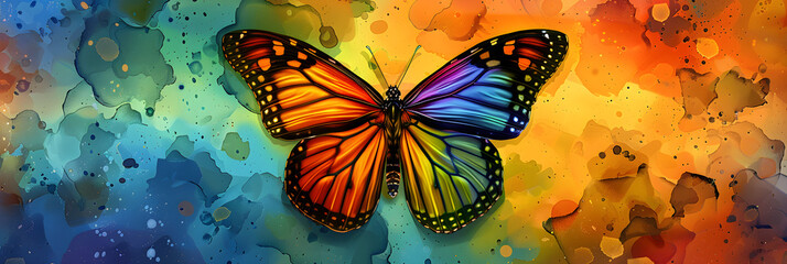 A vibrant tie-dyed background with a colorful butterfly, perfect for fashion, art, or nature-themed designs.