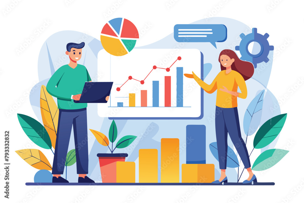 Poster a man and a woman standing in front of a chart, analyzing growth data in a professional setting, two