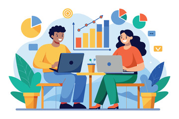 Two individuals seated at a table, focused on their laptops, analyzing growth graphs, two workers using laptops analyze growth graphs, diagrams bar charts flat illustration