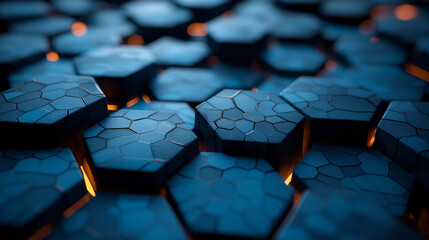 An intricate hexagonal pattern overlaying a deep blue gradient background, high definition, with a futuristic cybernetic aesthetic