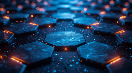 An intricate hexagonal pattern overlaying a deep blue gradient background, high definition, with a futuristic cybernetic aesthetic