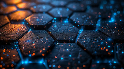 An intricate hexagonal pattern overlaying a deep blue gradient background, high definition, with a futuristic cybernetic aesthetic