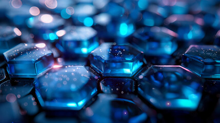 An intricate hexagonal pattern overlaying a deep blue gradient background, high definition, with a futuristic cybernetic aesthetic