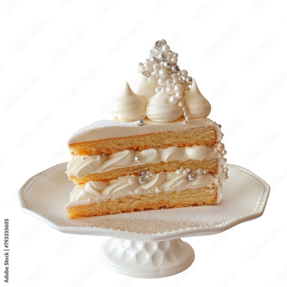 Poster a triangular slice of deliciously soft biscuit cake layered with fluffy white cream topped with peak