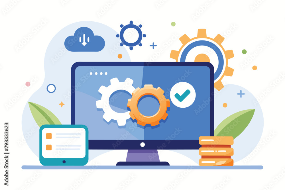 Poster computer displaying gear wheel, updating and maintaining to develop operating system, simple and min