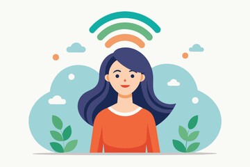 Obraz na płótnie Canvas A woman with flowing long hair stands beneath a rainbow in this vibrant illustration, Vector 5G wifi network and female character, Simple and minimalist flat Vector Illustration