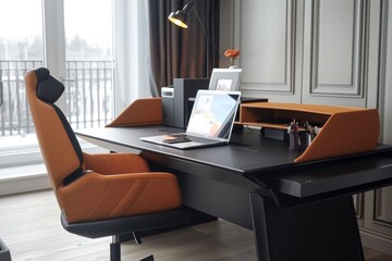 A laptop on a desk and a chair in a room in a building